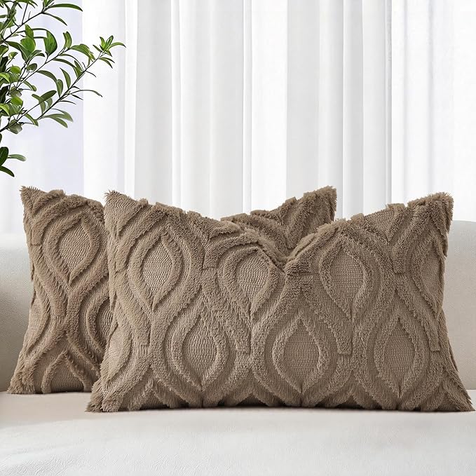decorUhome Cozy Textured Throw Pillow Covers 12x20 Inch Set of 2, Soft Plush Faux Wool Light Brown Accent Couch Pillow Covers for Modern Farmhouse Sofa Bed Living Room