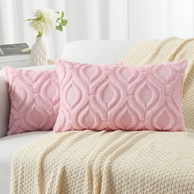 decorUhome Cozy Textured Throw Pillow Covers 12x20 Inch Set of 2, Soft Plush Faux Wool Light Pink Accent Couch Pillow Covers for Modern Farmhouse Sofa Bed Living Room