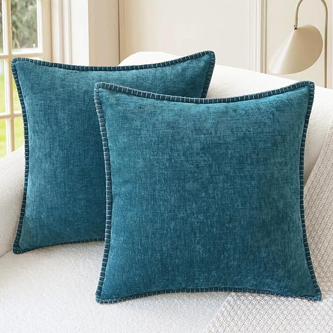 CaliTime Throw Pillow Covers Decorative 20 X 20 Inches Pack of 2 Cotton Thread Stitching Edges Solid Dyed Soft Chenille Cushion Cases for Couch Sofa Bed Living Room Farmhouse Ocean Blue