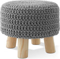 Casafield Pouf Ottoman Footstool, 13" Round x 11" High, Hand-Knitted Cotton Footrest, Non-Skid Wood Legs, Boho Foot Stool for Living Room, Bedroom (Light Gray)