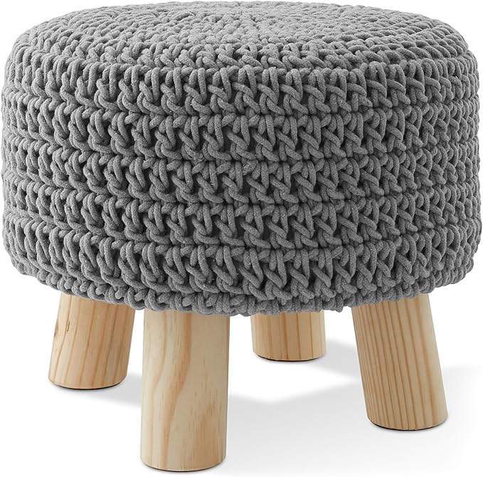 Casafield Pouf Ottoman Footstool, 13" Round x 11" High, Hand-Knitted Cotton Footrest, Non-Skid Wood Legs, Boho Foot Stool for Living Room, Bedroom (Light Gray)