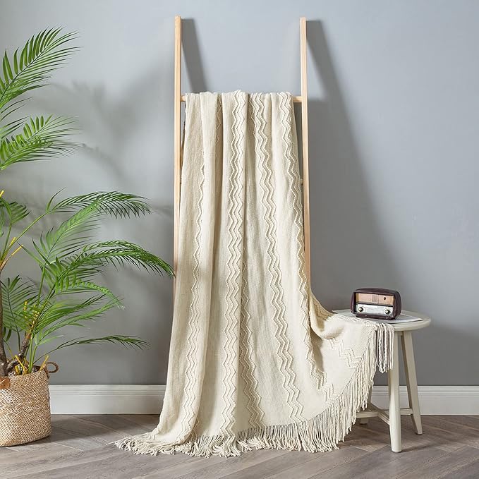 MIULEE Knitted Beige Throw Blanket Soft Sofa Knit Blanket for Couch 50 x 60 Inches, Solid Cozy Lightweight Wave Pattern Decorative Blankets with Tassels for Women, Kids