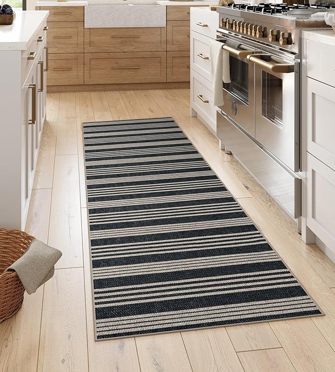 Lahome Elance Striped Easy Jute Runner, 2x6 Kitchen Runner Rug Non Slip Washable Outdoor Rug for Entryway Indoor, Farmhouse Indoor Outdoor Black Carpet for Hallway 6ft Entry Front Door