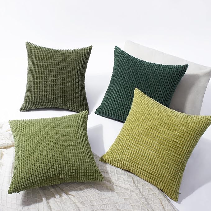 Softalker Throw Pillow Covers 18x18 Inch, Set of 4, Soft Corduroy Boho Stripe Decorative Pillow Cover, Couch Fluffy Pillow Cover for Farmhouse Home Decor Bed Living Room, Green
