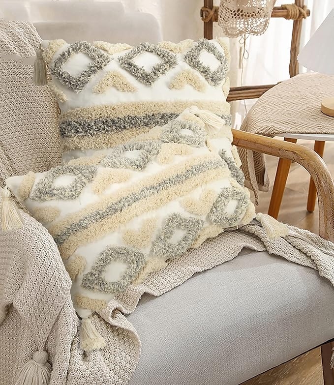 Merrycolor White Grey Boho Throw Pillow Covers 12x20 with Tassels Tufted DecorativeThrow Pillows Neutral Accent Pillowcase Farmhouse Square Cushion Covers for Couch Sofa Bedroom Living Room