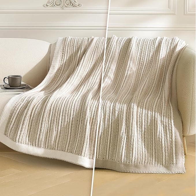 Amélie Home Striped Knit Throw Blanket for Couch, Dual-Sided Soft Chenille Decorative Blankets for Sofa & Chair, 50"x60", Khaki & White