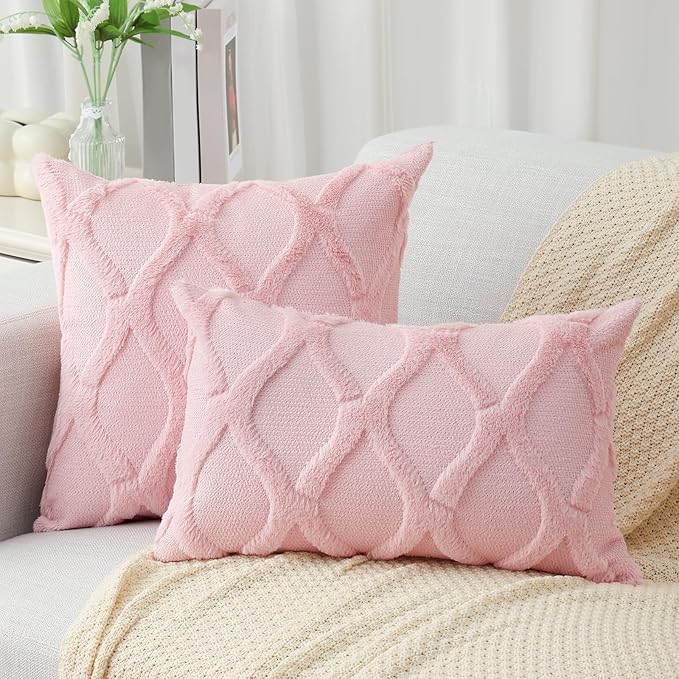 decorUhome Spring Throw Pillow Covers 18x18 Inch Set of 2, Soft Plush Faux Fur Wool Light Pink Accent Couch Pillow Covers for Modern Farmhouse Bed Sofa Living Room