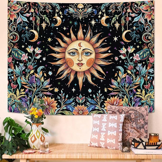 Aipon Sun and Moon Tapestry Hippie Boho Floral Wall Tapestry for Bedroom Aesthetic Colorful Flowers Vintage Celestial Botanical Plant Small Tapestries Wall Hanging for Living Room Dorm 60 x 44 Inch