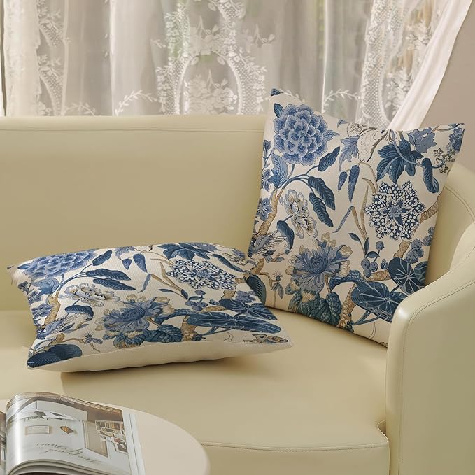 Blue Pillow Covers 16x16 Inch Set of 2 Vintage Blue Floral Throw Pillows Chinoiserie Flower Decorative Pillow Cases Outdoor Linen Farmhouse Cushion Cover for Couch Home Sofa Bed Decorations