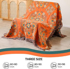 Boho Throw Blanket for Chair, 100% Cotton Woven Rustic Quilt with Tassel 50”x60”, Super Soft Muslin Blanket with Floral, Decorative Reversible Bed Blanket/Sofa Cover for All Seasons- Orange