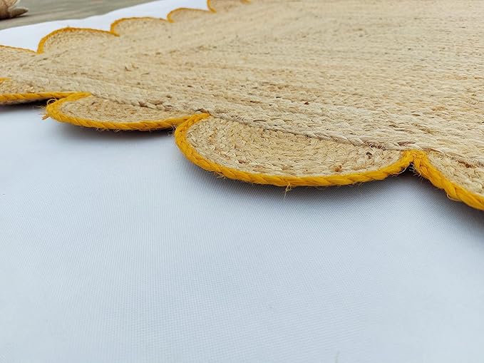 Scalloped Natural Jute Area Rug, Yellow Trim, 2'6"x16'