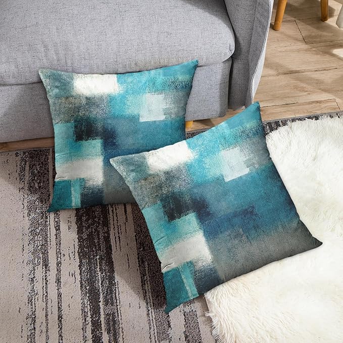 Emvency Set of 2 Turquoise White and Gray Throw Pillow Covers Modern Abstract Teal Painting Decorative Pillow Cases Home Decor Standard Square 22x22 Inches Pillowcases