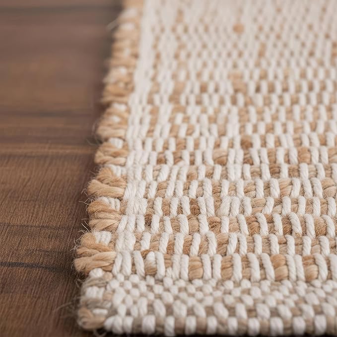 Neutral Jute Boho Rug 2x3 ft Braided Rug 2X3 - Earthy Farmhouse Cotton & Jute Carpet - Braided Rug for Kitchen - Reversible Woven Rug
