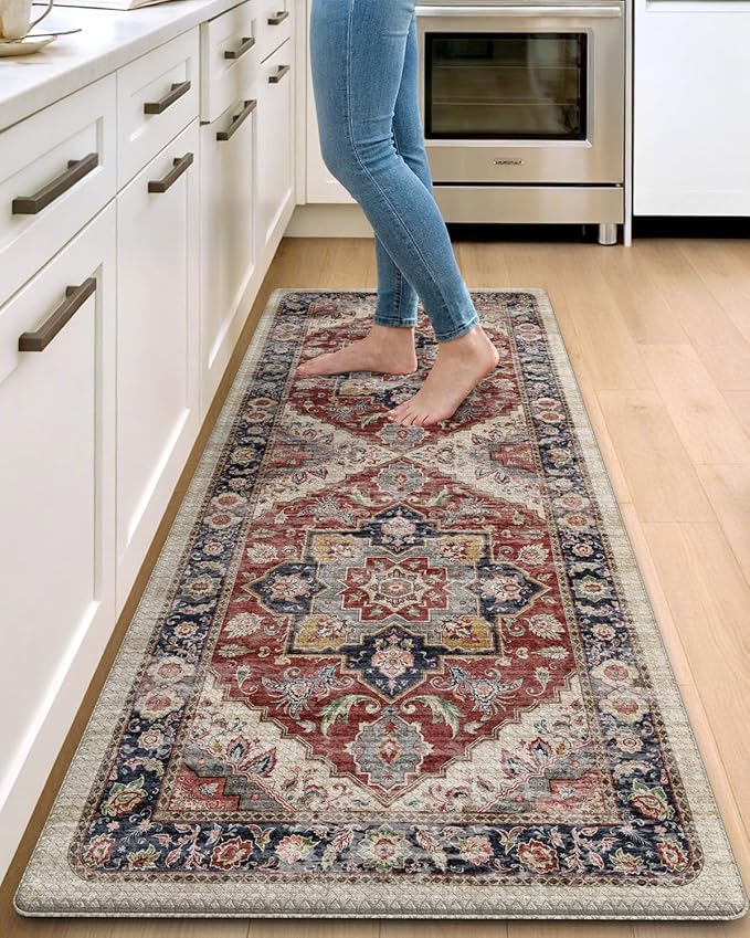 DEXI Kitchen Floor Mats Anti Fatigue, 23x59 Large Cushioned Vintage Runner Rug Waterproof, Standing Comfort Memory Foam Padded for Front Sink Laundry Office, Beige and Red