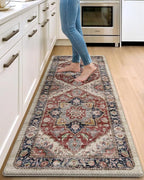 DEXI Kitchen Floor Mats Anti Fatigue, 23x59 Large Cushioned Vintage Runner Rug Waterproof, Standing Comfort Memory Foam Padded for Front Sink Laundry Office, Beige and Red