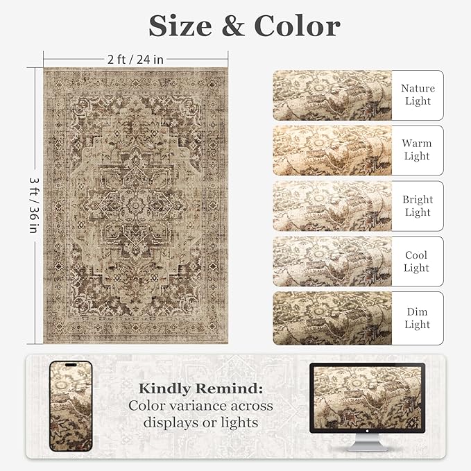 Medallion Brown 2x3 Entryway Rug, Washable Kitchen Rugs Non Slip, Ultra Thin Medallion Door Mat Indoor Entrance Back Front Door, Low Pile Retro Small Rug for Inside Entry/Foyer/Bathroom/Bedside