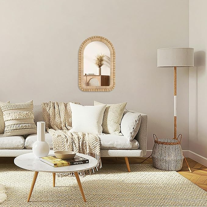 Arched Rattan Wall Mirror – 16x24 Inch Boho Elegance with Woven Frame and Wooden Bead Trim, Decorative Mirror for Bathroom Vanity Entryway Living Room