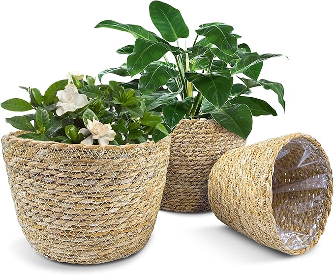 KJET 3PCS Seagrass Planter Basket with Plastic Liner, Boho Woven Plant Pots for Indoor Outdoor, Flower Baskets Containers for Garden and Home Decor