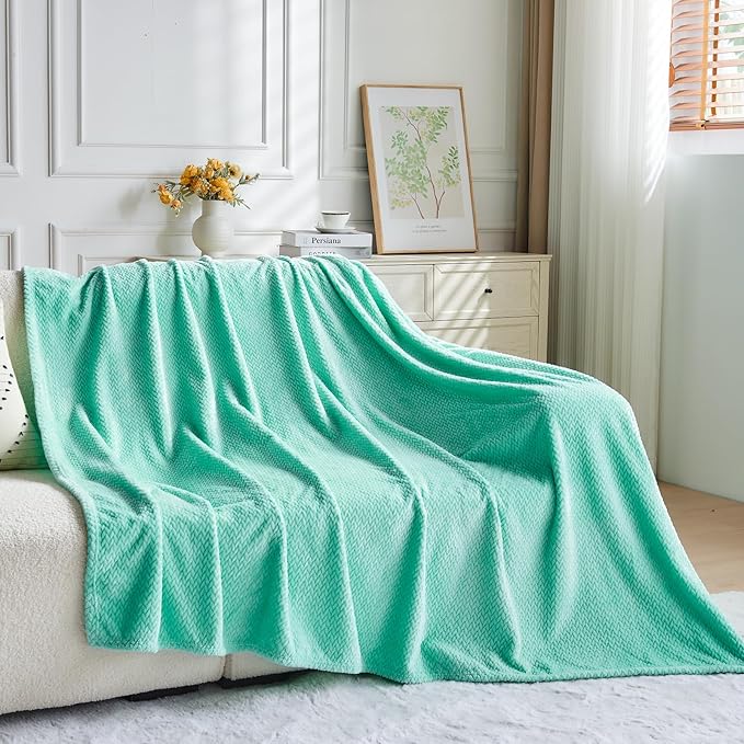 NEWCOSPLAY Super Soft Twin Blanket Aqua Premium Silky Flannel Fleece Leaves Pattern Lightweight Bed Blanket All Season Use (Aqua, Twin(60"x80"))
