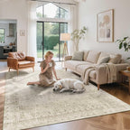 6x9 Area Rugs for Living Room Bedroom, Beige Large Washable Neutral Rug, Vintage Floral Retro Boho Non Slip & Low Pile Carpet for Indoor Dining Room, Classroom, Dorm, Nursery and Kids Room