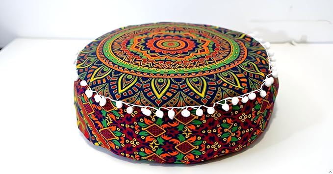 INDIAN CRAFT CASTLE ICC Floor Pillows & Cushion Covers Decorative Hippie Mandala Pouf Pillow Covers Seating Meditation Cushion Cover Large Boho Ottoman Case Pillowcase Couch New Blue, 24" Round