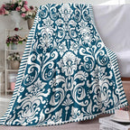 Vintage Victorian Damask Floral Flannel Throw Blanket, Blue White Flowers Birthday Gifts for Kids Men Women, Retro Elegant Soft Blankets for Bedding Sofa 50" x 60"