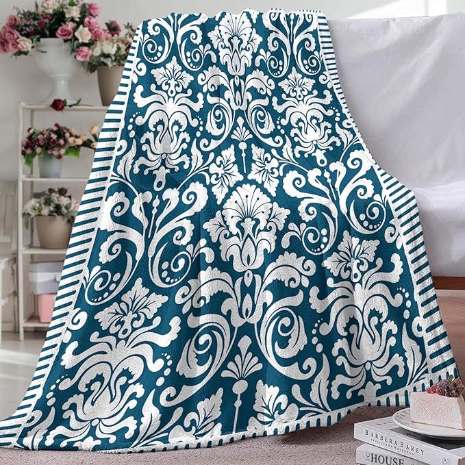 Vintage Victorian Damask Floral Flannel Throw Blanket, Blue White Flowers Birthday Gifts for Kids Men Women, Retro Elegant Soft Blankets for Bedding Sofa 50" x 60"