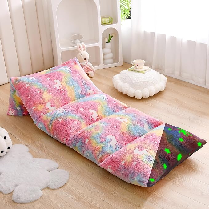 Mengersi Velvet Floor Pillows,Unicorn Glow in The Dark Pillow Bed Floor Lounger Cover for Kids Girls Boys,Mattress Floor Bed Sleeping Mat for Girls Teen Toddler,Requires 5 Pillows(Queen,Pink)