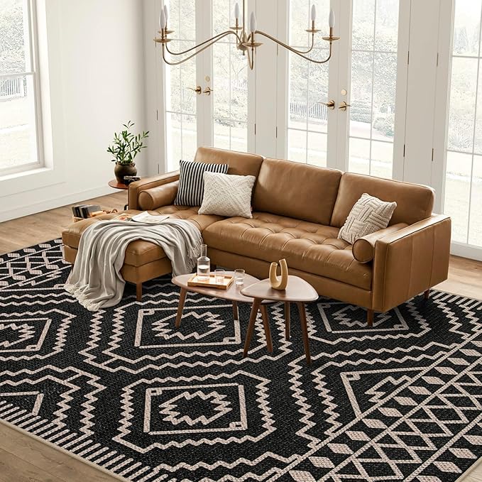 Lahome Bijou Moroccan Easy Jute 6x9 Rug for Living Room, Washable Indoor Outdoor Patio Rug, Farmhouse Dining Room Carpet Non Slip Contemporary Black Carpet for Backyard Deck Office Decor