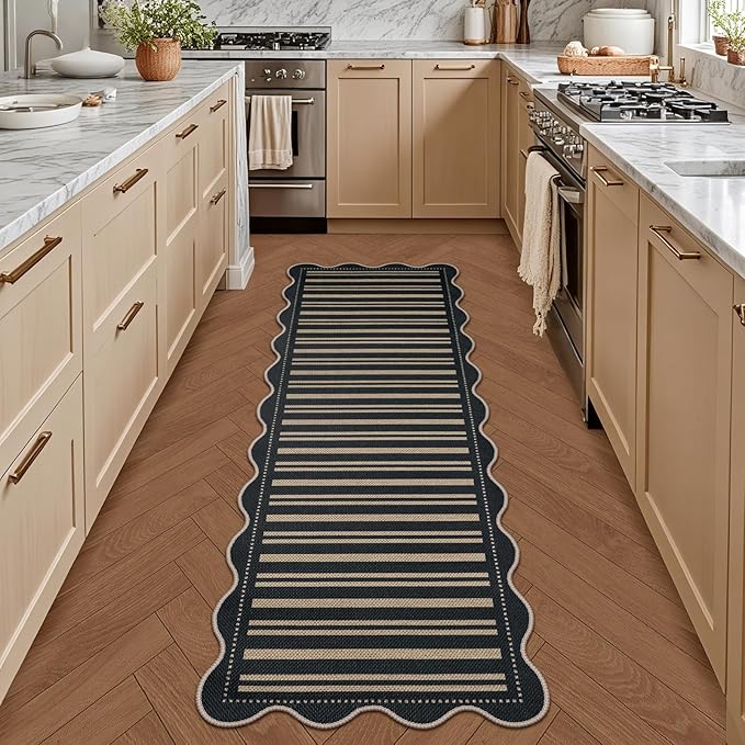 Striped Easy Jute Runner Rug, 2x6 Kitchen Rug Non Slip Washable Outdoor Runner for Entryway Indoor, Farmhouse Black Indoor Outdoor Carpet for Hallway Porch Laundry