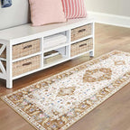 Amearea Vintage Design Runner Rugs for Living Room, 2x6 Machine Washable Floral Collection Traditional Bedroom Rug, Low Pile Cute Kids Room Print Carpet, No Slip Office Kitchen Home Decor, Gold Yellow