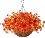 Fake Mums Artificial Fall Flowers with Hanging Baskets Outdoors for Decoration Faux mums for outdoor planters Daisy Flower with Eucalyptus Leaves for Porch Home Patio Balcony and Yard Autumn Decor