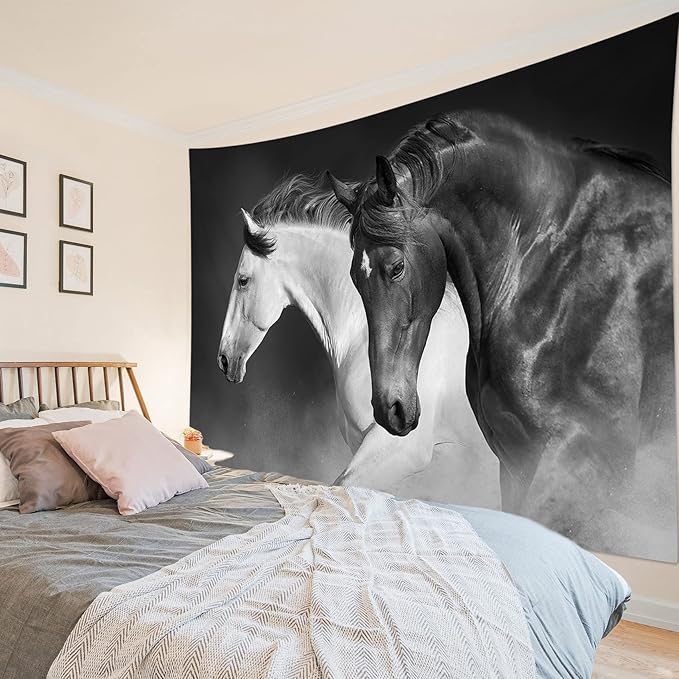 LB Black and White Horse Tapestry for Bedroom Galloping Horses Wall Tapestry Wild Animal Vintage Tapestries Hanging Wall Decor for Living Room Dorm, 92x70.5 inch