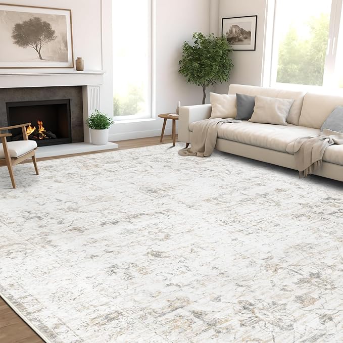 Washable 4×6 Area Rug for Living Room, Vintage Floral Rug Soft Non Slip Stain Resistant Boho Carpet for Indoor Bedroom Dinning Room Home Office Beige New
