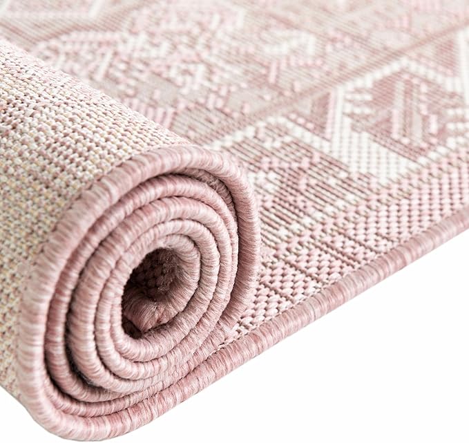 Rugs.com Outdoor Aztec Collection Rug – 13 Ft Square Pink Flatweave-Pile Rug Perfect for Living Rooms, Kitchens, Entryways