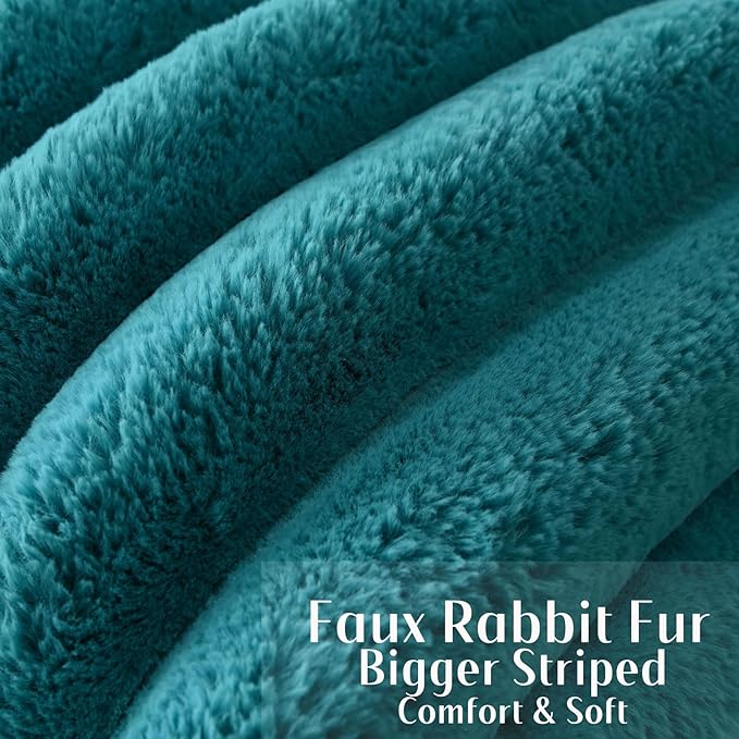 FUTEI Teal Decorative Throw Pillow Covers 24x24 Inch Set of 2, Square Soft Faux Rabbit Fur Thick Striped European Cushion Covers,Spring Home Decor for Couch Bed Living Room