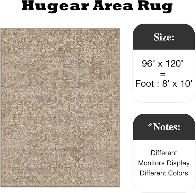 HUGEAR Area Rug 8x10 Light Brown Machine Washable Living Room Rugs Distressed Vintage Floral Vacuumable Low Pile Carpet Bedroom Office Dining Room Laundry Room Non Slip Soft Lightweight
