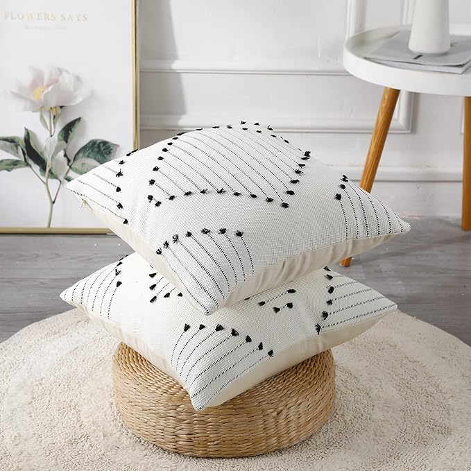 PANOD Knitted Boho Tufted Throw Pillow Covers with Tassel 20x20 inch, Decorative Indoor Outdoor Bohemian Square Cushion case Pillowcase for Couch Sofa Bedroom car Farmhouse Black and Cream White