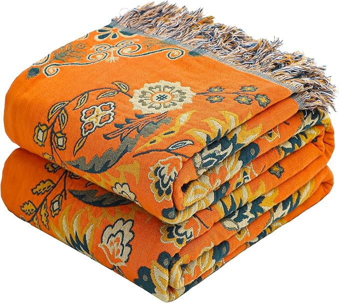 100% Cotton Throw Blanket, Muslin Breathable Soft Bed Quilt Orange Throw - Bohemian Floral Farmhouse Decor Blanket for Sofa Couch Chair and Gift. 50" x 60"