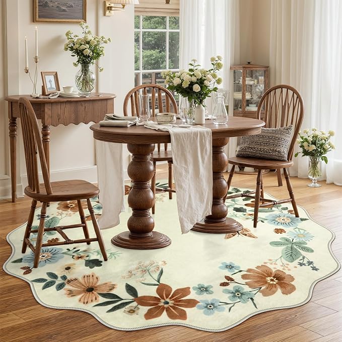 Lahome Floral Washable Round Area Rug, Round Rug 5ft Soft Non-Slip, Non-Shedding Boho Circle Carpet for Bedroom Living Room Bathroom Nursery Kitchen Flore, Beige