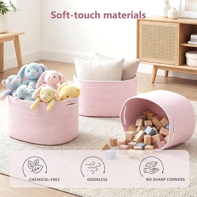 Cotton Rope Storage Basket, 15x10x9 Inches, Woven Basket for Shelves, Clothes, Towels, Books, and Laundry, Light Pink (2 Pack)