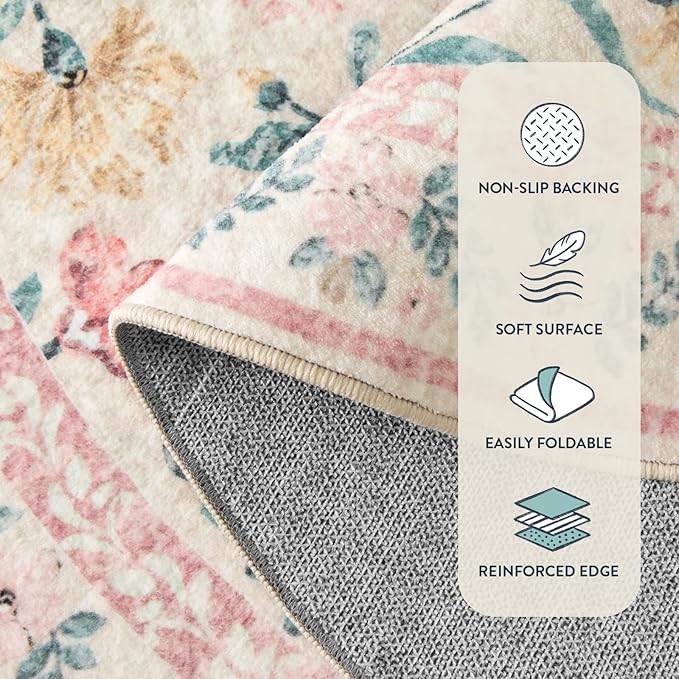Lahome Sylvie Boho Light Pink Round Rug 4ft, Washable Small Circle Rugs for Bedroom Kids, Pink and Green Nursery Circular Carpet Girl Decor, Soft Non-Slip Round Carpet for Sunroom, Blush