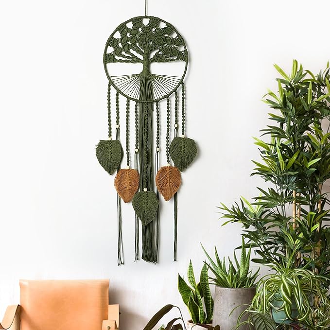 Large Tree of Life Dream Catchers, Macrame Wall Hanging, Boho Woven Tapestry, Macrame Wall Decor Art for Adults Boys Girls Bedroom Wedding Party, Festival Blessing Gift (Green & Brown)