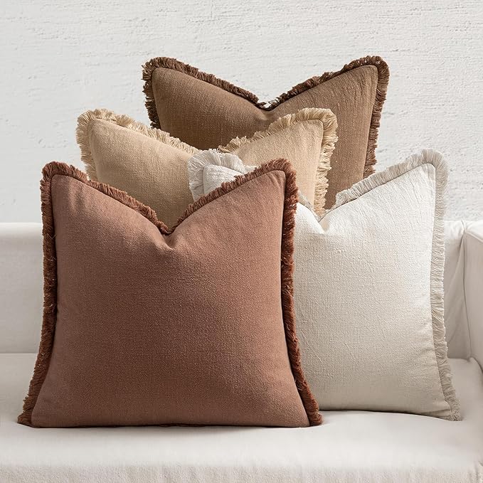 MIULEE Decorative Couch Pillow Covers Neutral Linen Fringe Throw Pillows Set of 4 Accent Rustic Cushions Boho Farmhouse Pillowcases for Bed Sofa Living Room Spring Home Decor 18x18 Inch Beige/Brown