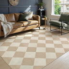 Beeiva Checkered Print 5x7 Washable Area Rugs for Bedroom, Non Slip Ultra Thin Beige Rugs for Living Room, Geometric Plaid Dorm Decor Soft Low Pile Carpet for Office Kids Room Classroom