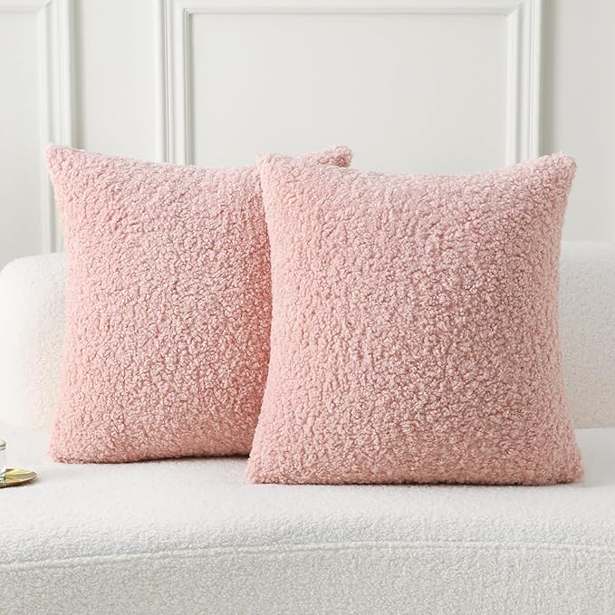 FUTEI Pink Throw Pillow Covers 22x22 Inch Set of 2,Furry Faux Fur Teddy Boucle Textured Cushion Covers,Soft Fluffy Decorative Pillow Case,Home Decor for Couch Bed Living Room Office