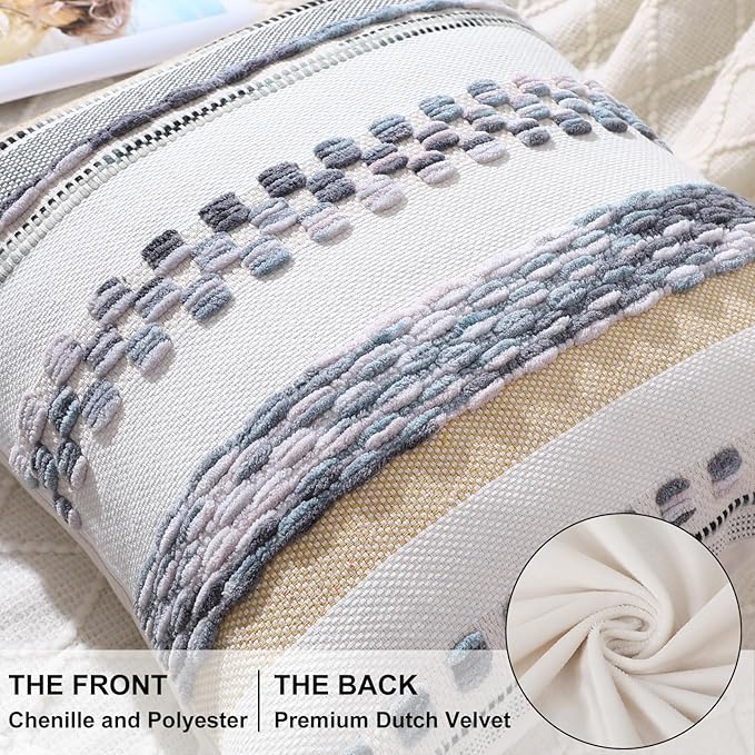 decorUhome Boho Decorative Throw Pillow Covers 18x18 Set of 2, Striped Chenille Tufted Pillow Covers with Tassels for Couch Bed Sofa, Cream White and Light Grey