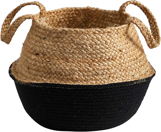 Nearly Natural 14in. Boho Chic Handmade Cotton & Jute Black Woven Basket Planter, Beige