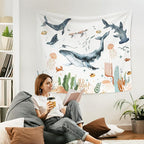 WARDOS Whales Ocean Animal Tapestry, Shark Whale Beach Tapestry Wall Decor, Kids Room Wall Decor, Ocean Sea Animals Wall Blanket Decor for Toddler Kids Nursery Bedroom Playroom, 50x60 Inch