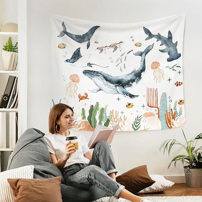 WARDOS Whales Ocean Animal Tapestry, Shark Whale Beach Tapestry Wall Decor, Kids Room Wall Decor, Ocean Sea Animals Wall Blanket Decor for Toddler Kids Nursery Bedroom Playroom, 50x60 Inch